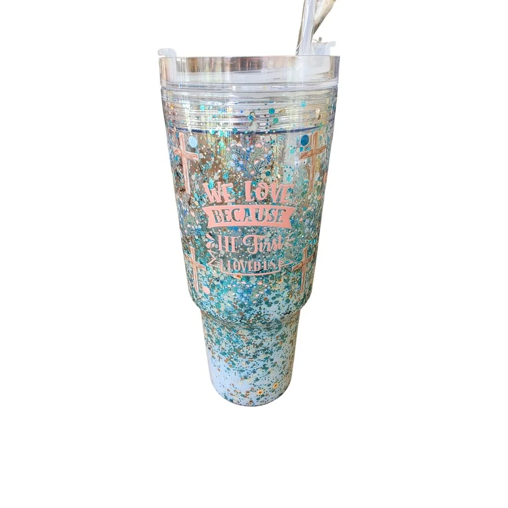 Religious Glitter 40oz Tumbler We Love Because He First Loved Us Cross Floral